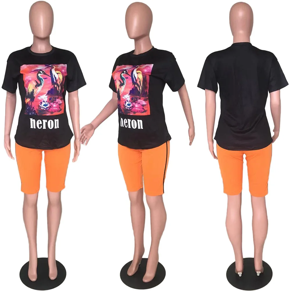 2019 Женский Летний новый костюм из двух предметов: черная футболка с принтом