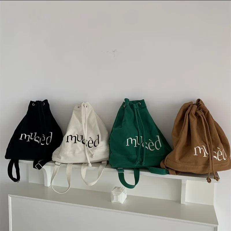 Embroidered Women's Backpacks Canvas Drawstring School Bags 