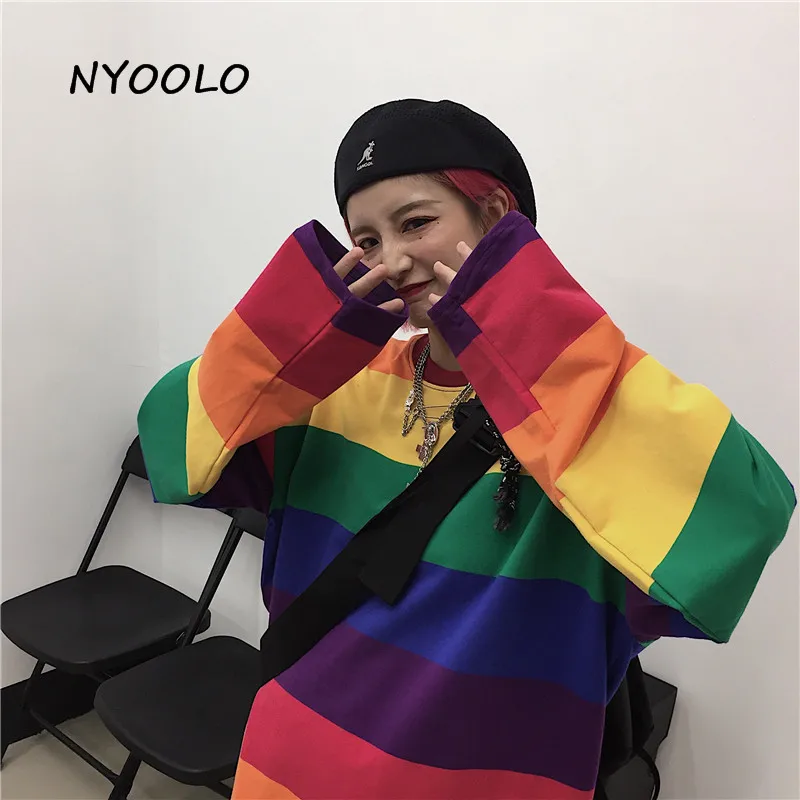 NYOOLO Harajuku винтажная Радужная полосатая Лоскутная свободная футболка Топы Осенняя уличная одежда с длинным рукавом хлопковая Футболка женская одежда