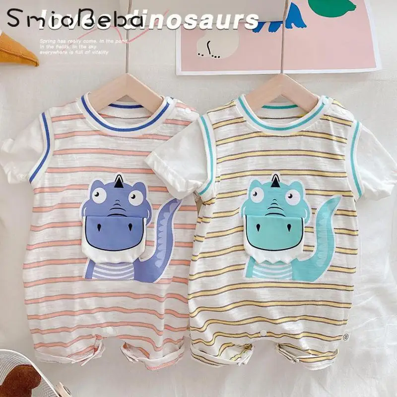

Baby Unisex Boys Girls Bodysuit Summer 0-2 Years Cute Dinosaur Lovely Hatsuit Rompers Kids Fake Two Pieces Striped Sport Clothes