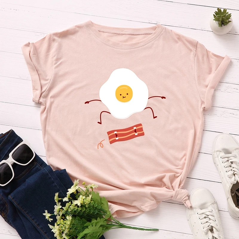 

Poached Egg Bacon Print Funny Top Shirts Women 100% Cotton T-Shirt Graphic Tee Female Summer Short Sleeve Tops Tees