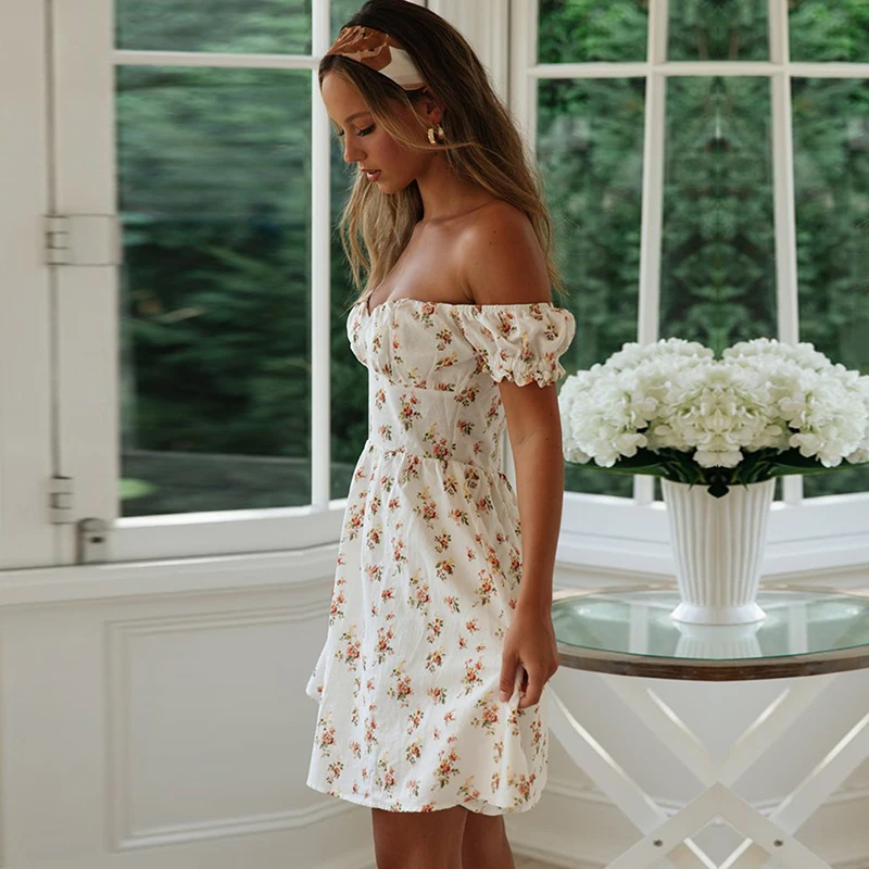 Женское платье с открытыми плечами летние пляжные Мини Платья цветочным принтом