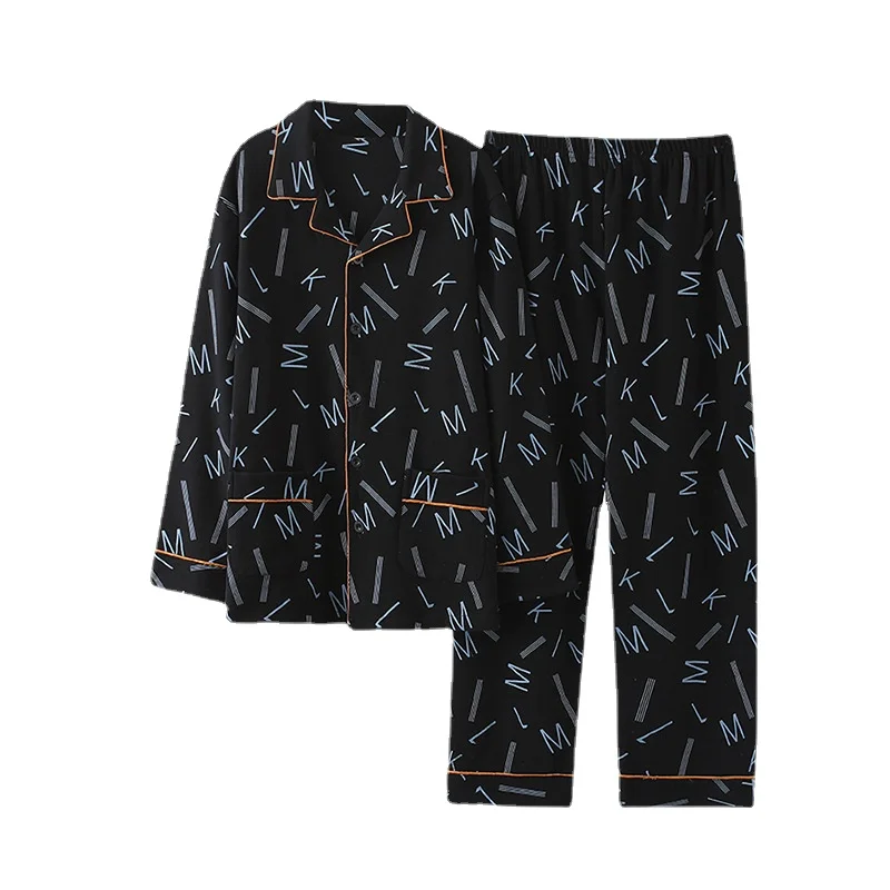 Men's pajamas spring and autumn long-sleeved large size thin pajamas middle-aged plaid home service set large size 4XL