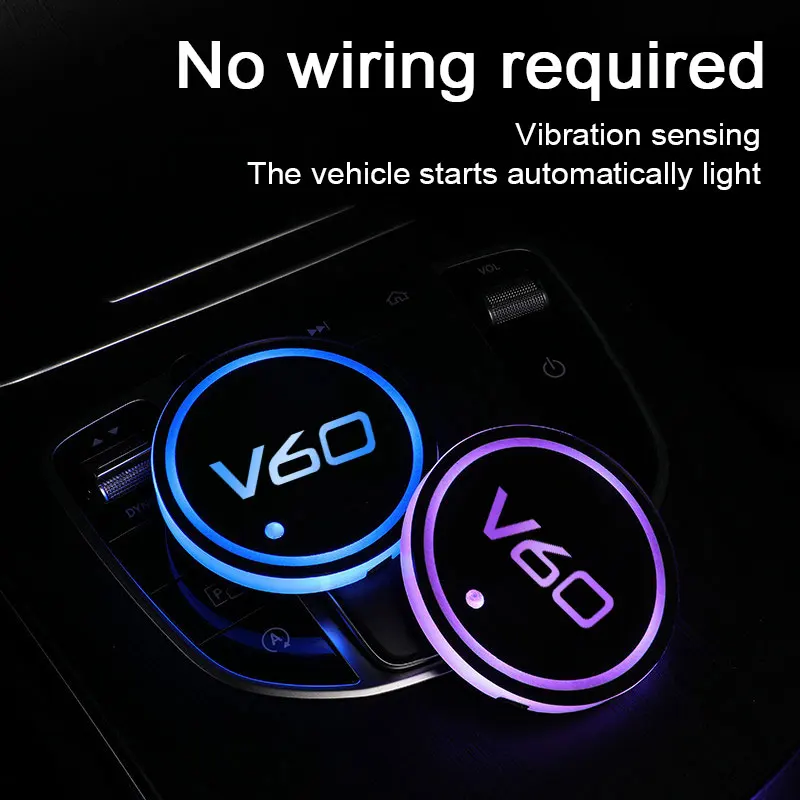 

7 Colors Led Atmosphere Light Luminous Car Logo Water Coaster For Volvo V60 2011 2012-2018 2019 2020 2021 2022 Auto Accessories