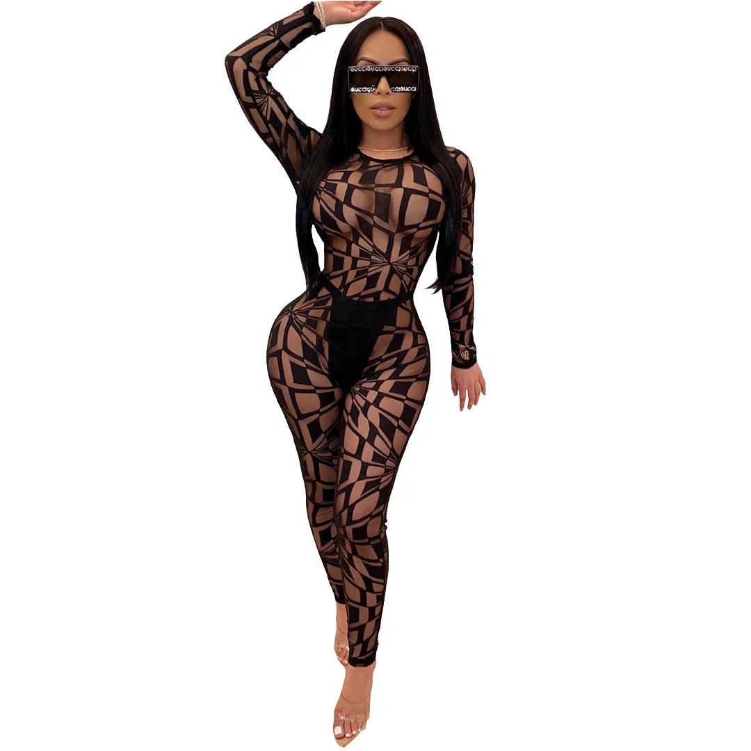 

Zoctuo Long Sleeve Jumpsuit For Women See Through Mesh O Neck Clubwear Jumpsuits And Rompers Sexy One Piece Overall Romper Black