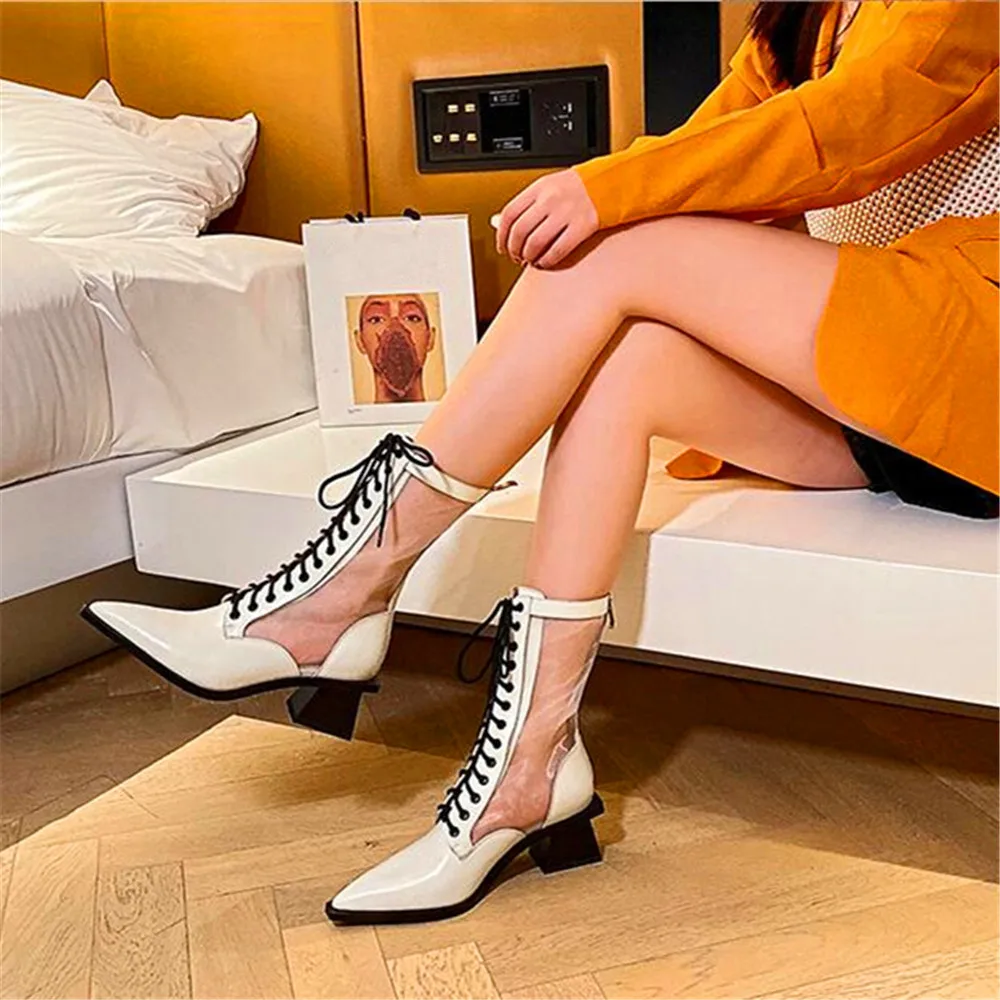 Модные пикантные женские ботинки на высоком каблуке с острым носком сетчатые