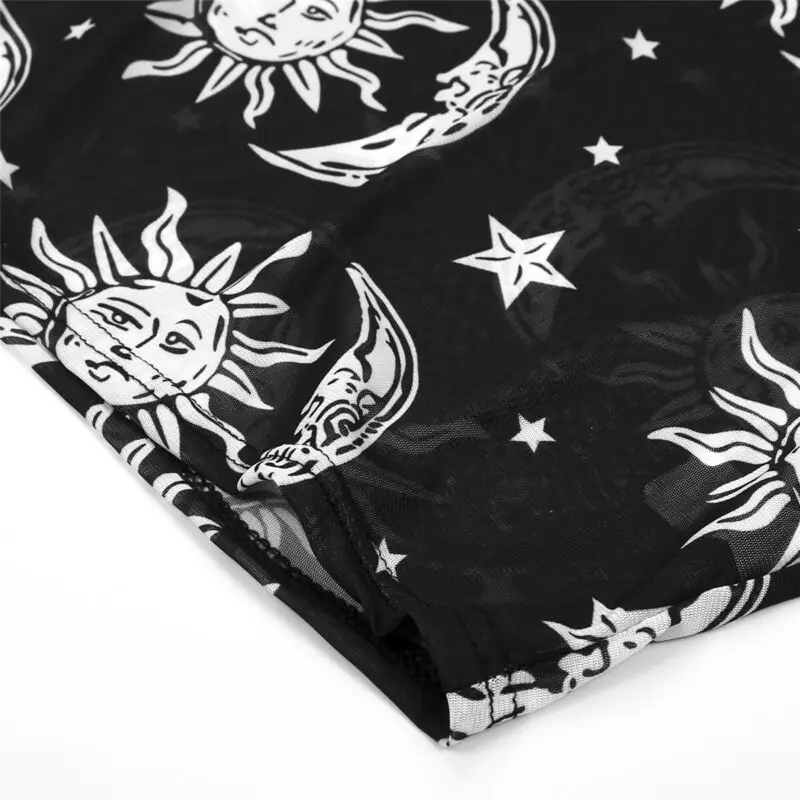 Sun Moon/печатаный Прозрачный сетки пикантные футболка женское платье с круглым