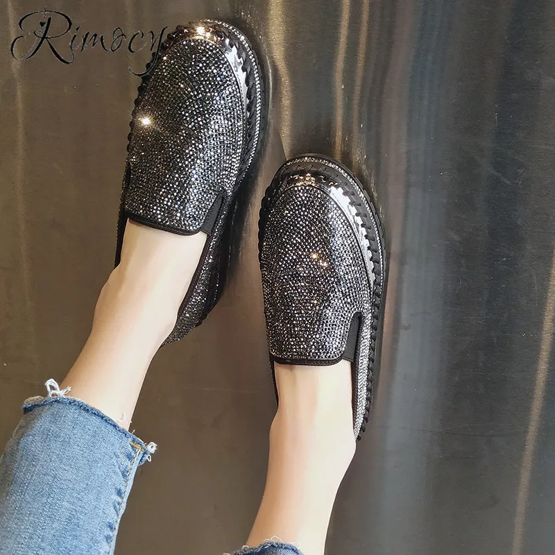 

Flat Platform Shoes Woman Slip on Loafers Mujer 2019 Spring Fashion Crystal Casual Flats Women Round Toe Low Heel Sneaker R2-36