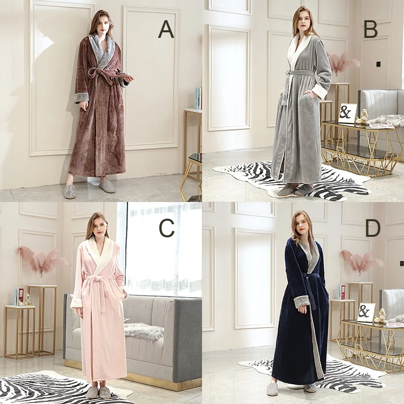 

Unisex Couple Robes Plus Long Flannel Nightgown Thick Lace-up Solid Color Long Home Robes Women Men Sleepwear for Autumn/Winter