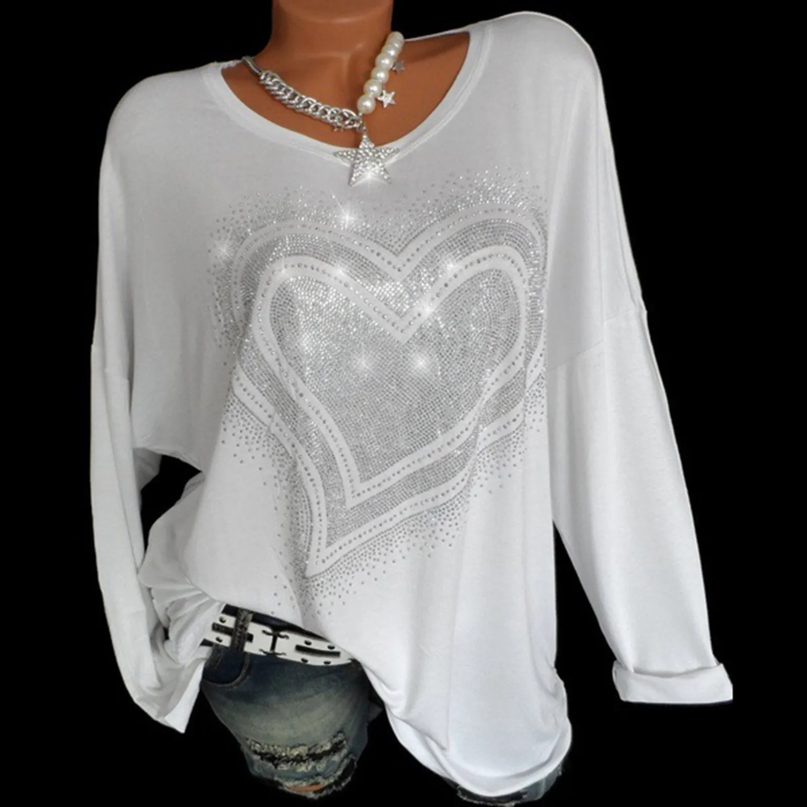 

Plus Size Fashion Diamond Heart Blouse Loose O-Neck Top Tee Casual Autumn Winter Ladies Female Women Long Sleeve Blusas Pullover