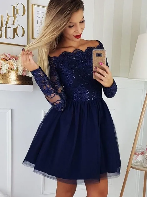 

Navy Blue Homecoming Dresses A-line Long Sleeves Tulle Appliques Beaded Elegant Cocktail Dresses