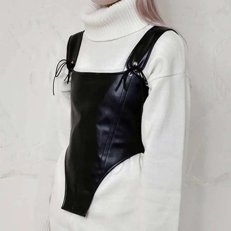 

Sexy Solid Women Tank Tops Bandage Asymmetrical Pu Leather Corsets Curve Shaper Modeling Vest Ladies Bustier Crop Top Female