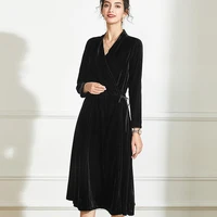black dress women silk velvet v neck long sleeve slim designer middle length dresses 2021 spring autumn high waist lace up dress