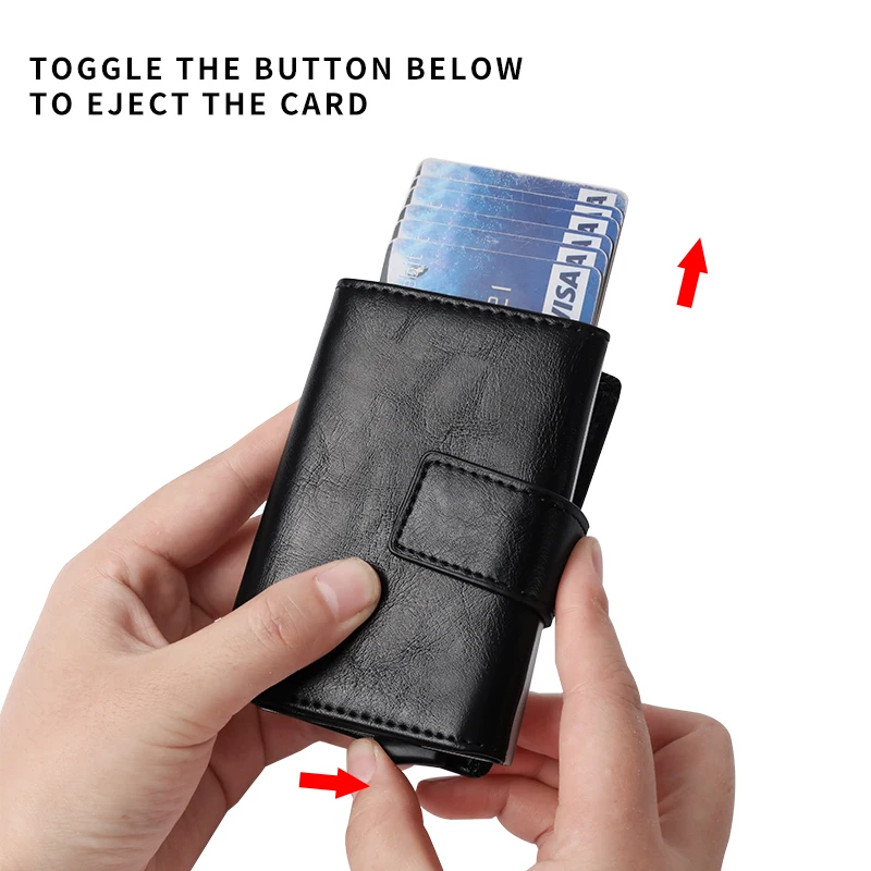 RFID Protection Magnetic Button Aluminum Business Id credit Card Holder Wallet Slim  Smart Vintage PU Wallet Men Zipper Coin
