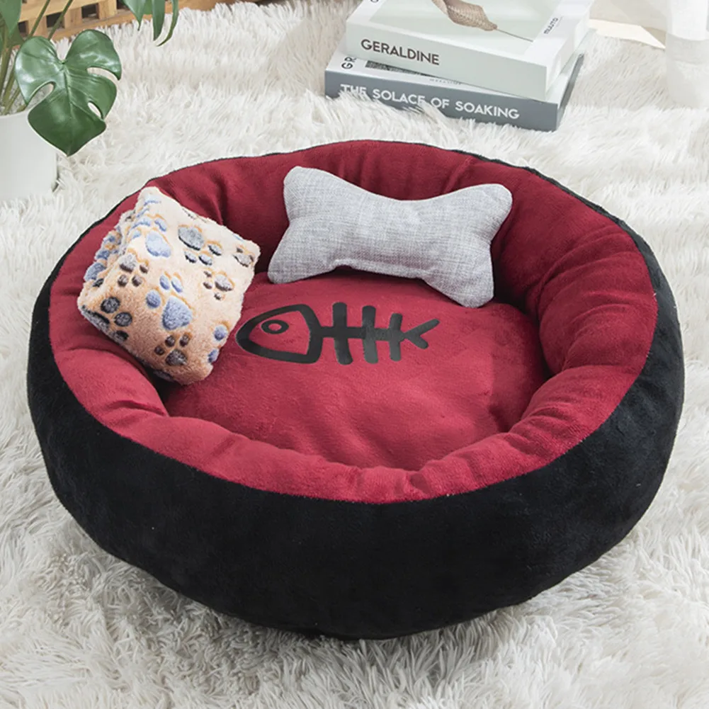 Кровать для кошки с рыбными косточками круглый короткий плюшевый коврик