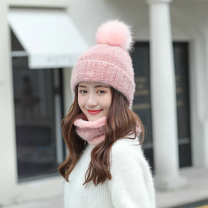 Hat Scarf Set Winter Women Plus Velvet Thick Warm Outdoor Sport Chenille Knit Hat And Scarf Korean Female Beanies Caps F24810AD