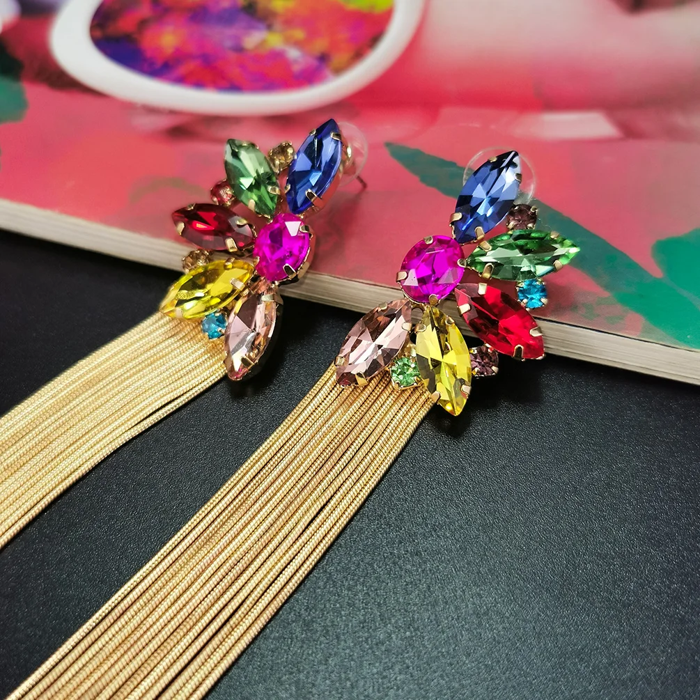 

Long Metal Chain Tassel Earrings For Women Multicolor Crystal Statement Drop Dangle Earrings Wedding Jewelry New UKEN