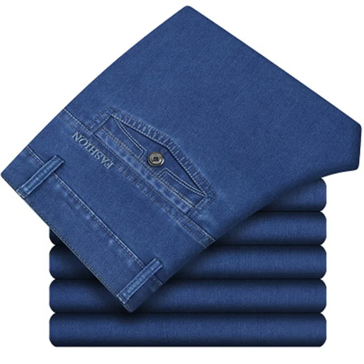 

2021 Men's Casual Thick Pure Color Jeans Washed Cotton Straight Business High Waist Jeans