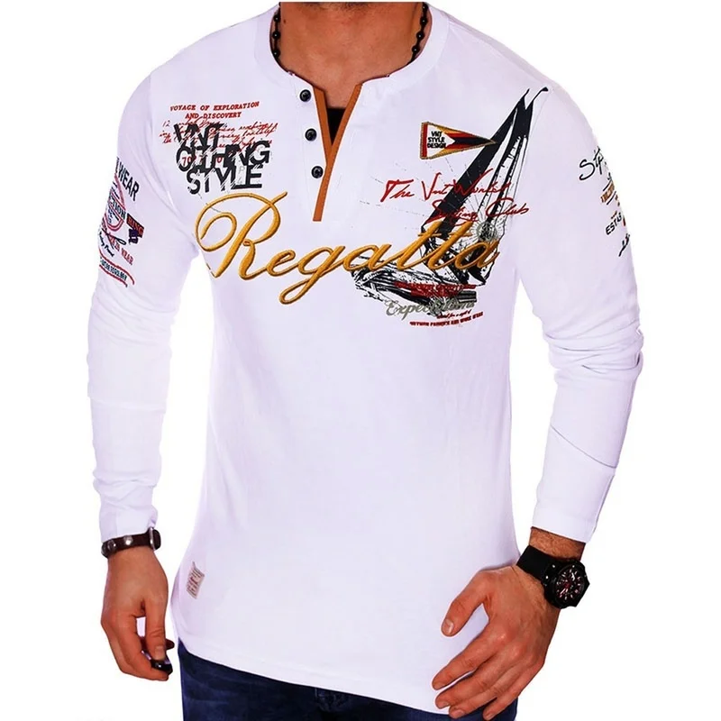 Рубашка-поло мужская с длинным рукавом V-образным вырезом | Мужская одежда