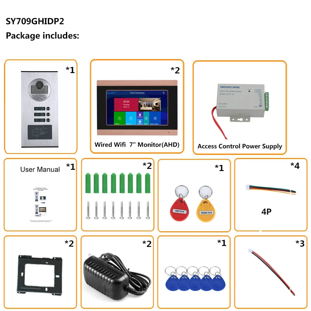 7inch Record Wired Wifi Video Intercom System 2 Apartments with RFID Door phone IR-CUT HD 1080P Doorbell Camera Unlock | Безопасность и