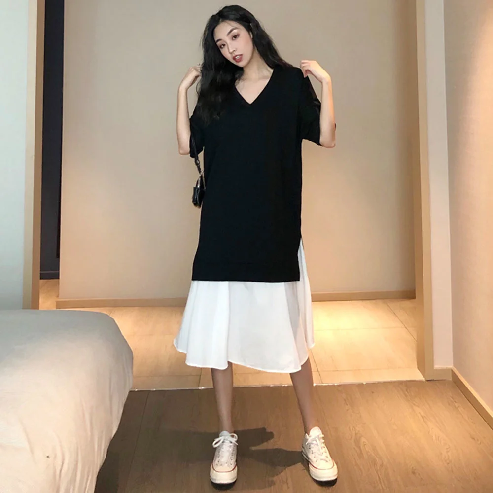 

2021 Summer Japanese Korean Version Fashion Women's Dress Loose Casual Simple Color Contrast Splicing Round Neck Summer