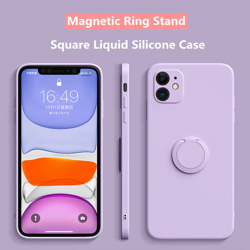 

Soft Square Liquid Silicone Case For iPhone 12 11 Pro Max Mini XS X XR 7 8 Plus SE2 2020 Stand Ring Holder Back Cover