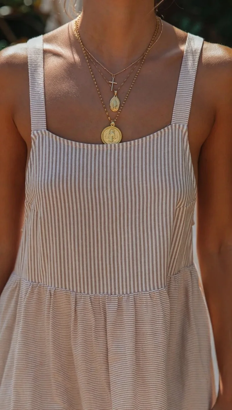 

New Style Women Casual Square Collar Dress Fashion Sleeveless Striped Vest Dresses Women's Back Buttoned Loose Dress