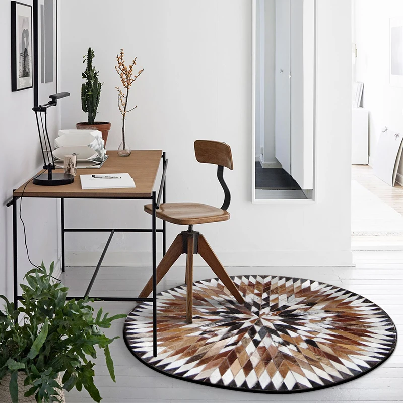 

American style round shaped cowhide seamed patchwork rug, natural milch cow fur carpet for living room decoration fur mat