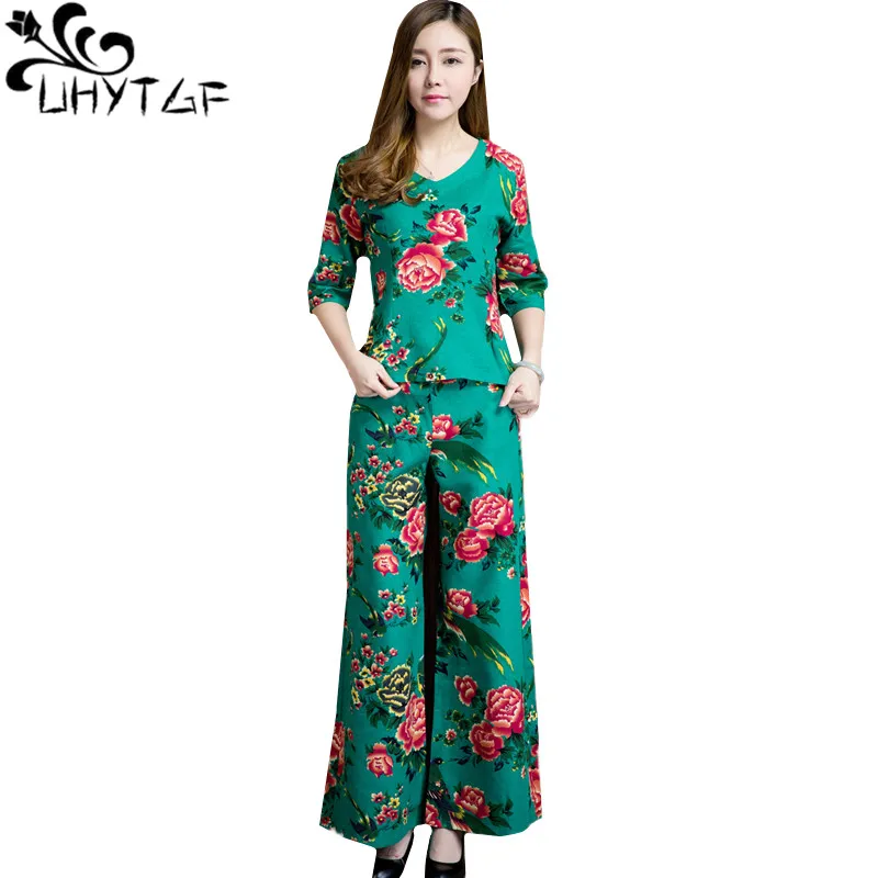 

UHYTGF Female Set National Style Vintage Print Spring Summer 2 Piece Set Women Cotton And Linen Wide Leg Pants Elegant Sets 398