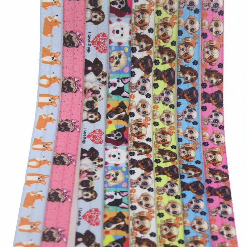 

DHK 5/8'' 5yards dog printed Fold Elastic FOE stretch ribbon hairbow headwear headband DIY OEM C1855