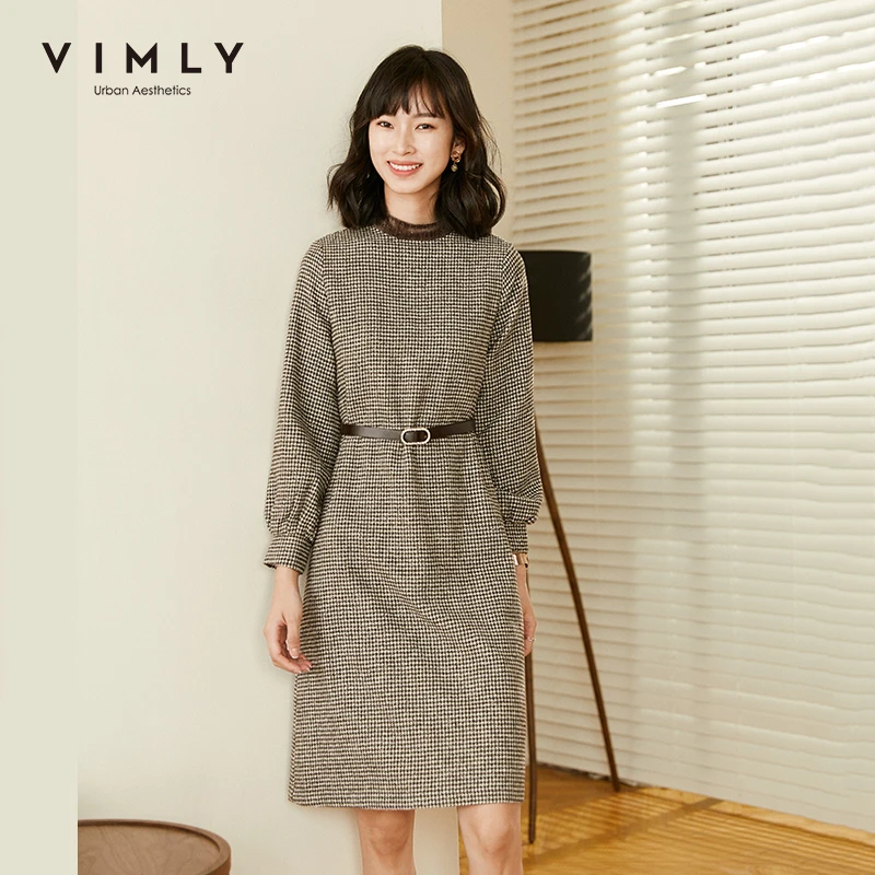 Vimly платье гусиные лапки женское элегантное приталенное с воротником стойкой и