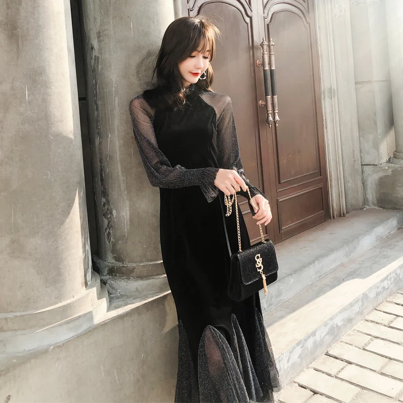 Женская облегающая блузка с сеткой и кружевом весна-осень 2020 рыбий хвост