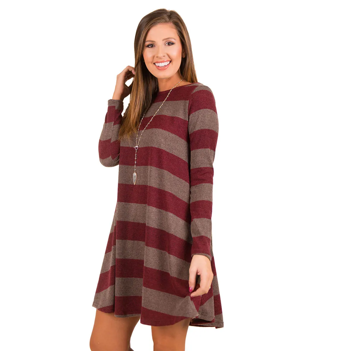 

Fashion Midi Women Dress Long Sleeve o Neck color Striped Loose long sleeve dress plus size clothing for women LYQ015