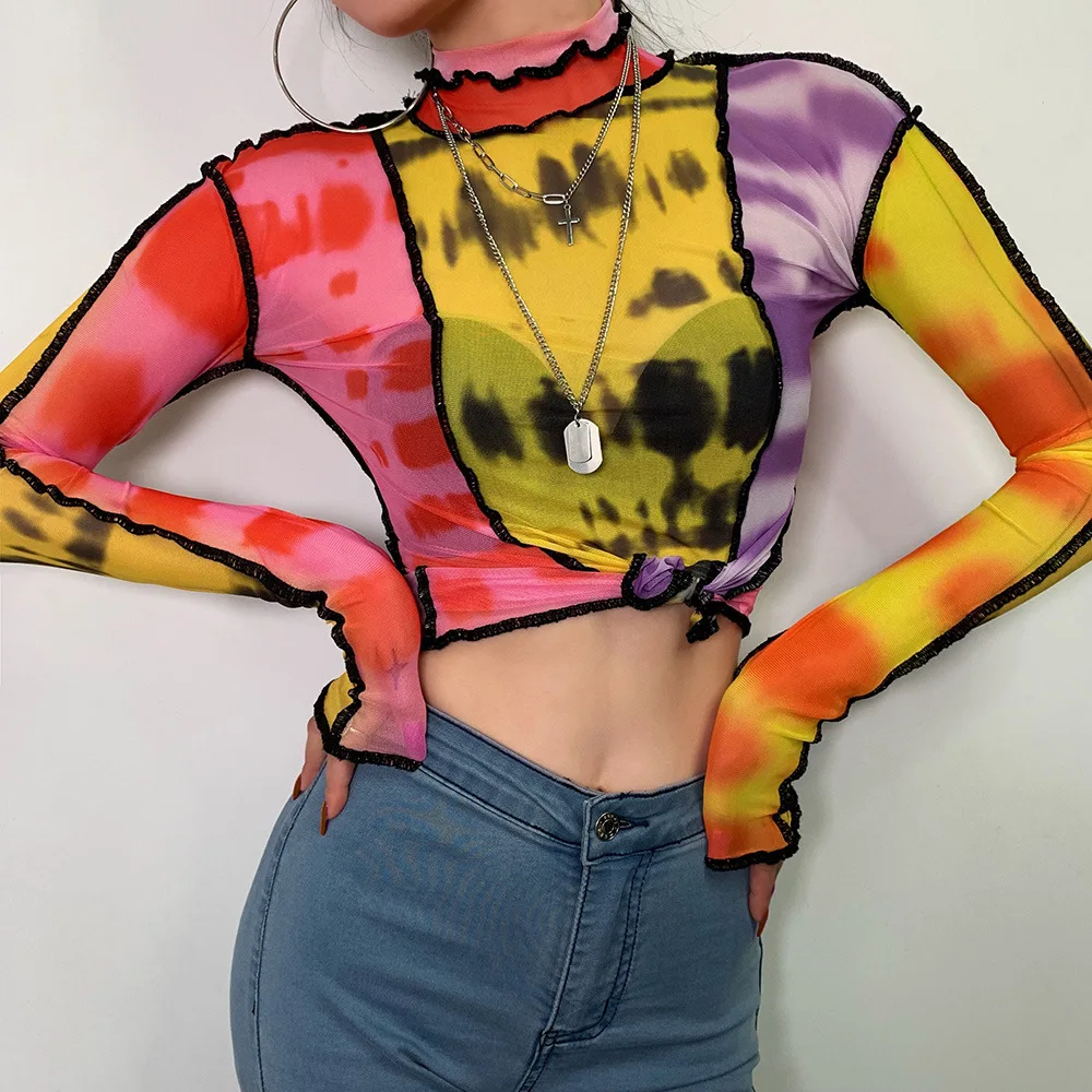 

ZTONE Fiesta y Clubcamisetas De retals de манга larga с cuello de pico profundo Tops cortos de malla transparente