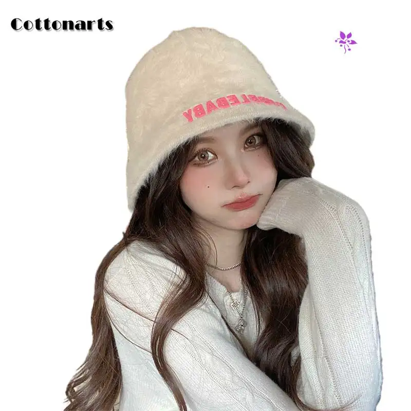 

Faux Fur Fisherman Hat with fashion letter Women's Hat Solid Sun Hat Outdoor Basin Hat Bucket Hat Female Velvet Fisherman Hat