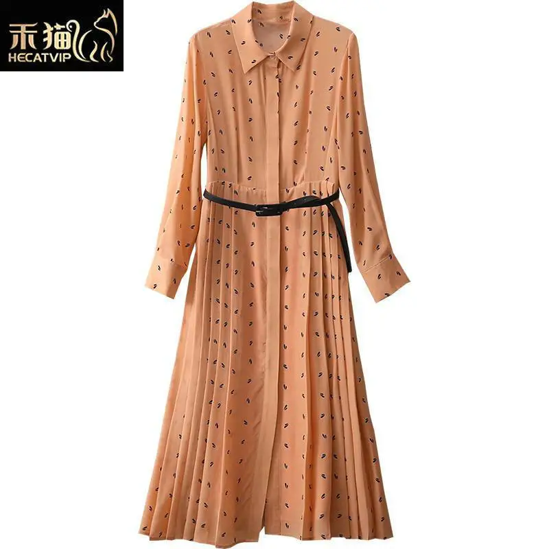 

2021 spring new deep orange water drop fashion print medium length versatile shirt dress