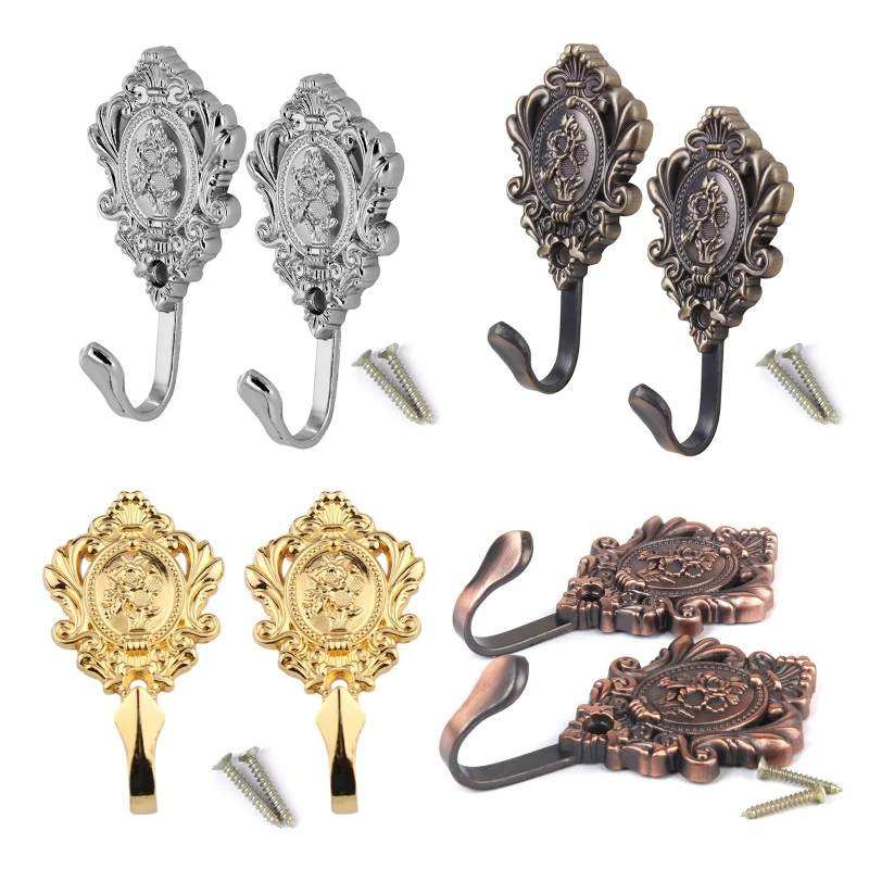 2pcs Vintage Drapery Curtain Holdbacks Tieback Hooks Rose Pattern Drapes Hook Wall Hanger Living Room Bedroom Home Decoration