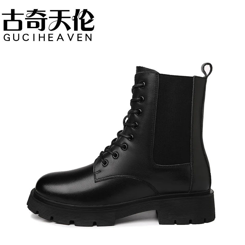 

Round Toe Square Heel Martin Boots Elastic Band Pure Color Casual Women's Boots