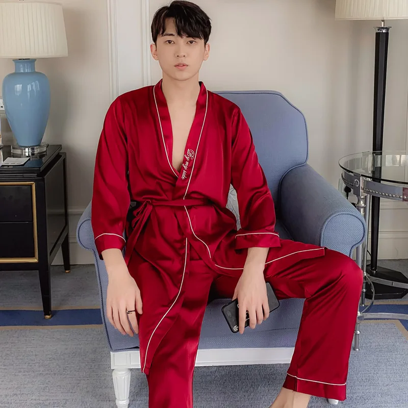 

Couple Nightwear Kimono Robe Set Intimate Lingerie Satin Men And Women Burgundy Sleepwear Bathrobe Gown Homewear Nightgown
