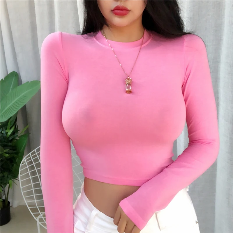 

AOSSVIAO 2022 O Neck White Crop Top Women Summer Casual T Shirt Basic Sexy Streetwear Slim Sexy Black Long Sleeve Tops