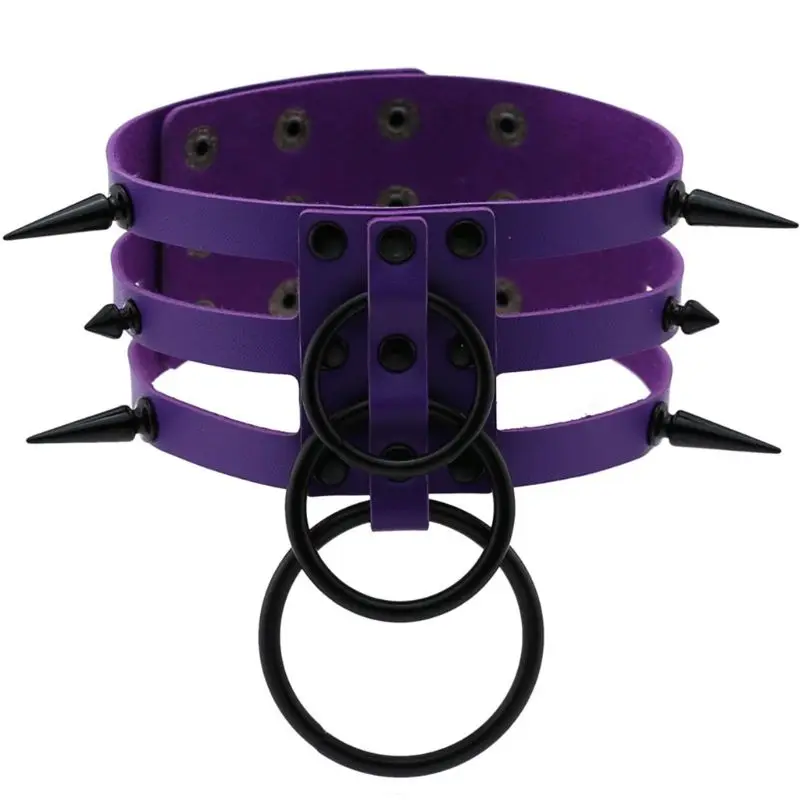 

Women Harajuku Punk Goth Choker Spiked Rivets O-Rings Pendant Three Row Faux Leather Collar Necklace Bondage Clubwear