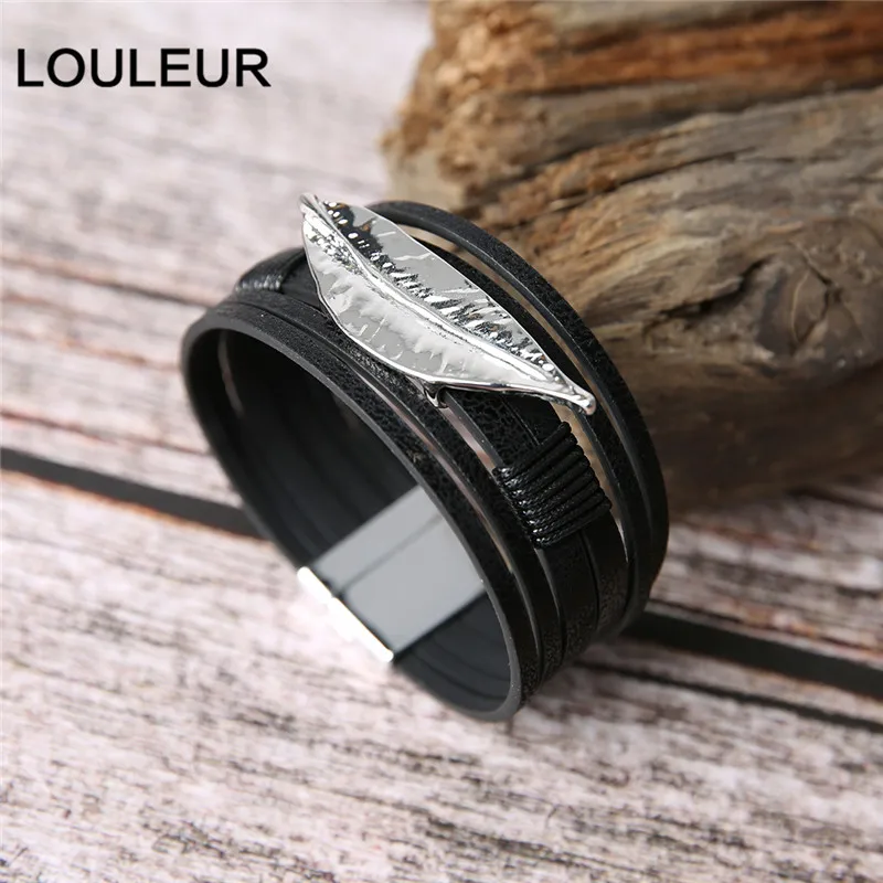 LOULEUR, красный сплав, листья, многослойный кожаный браслет для женщин, Ретро стиль, богемное очарование, широкие браслеты и браслеты, ювелирное изделие, подарок
