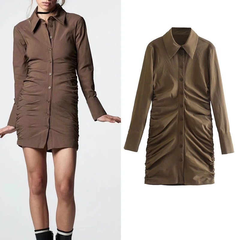 

KUMSVAG Women Autumn ZA Pleated Mini Shirts Dress 2021 Fashion Turn-down Collar Female Elegant Sheath Dresses Clothes Vestidos