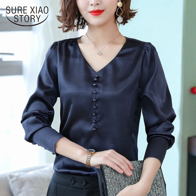 

Casual Office Long Sleeve Blouse Women 2021 Plus Size Satin Women Shirts Fashion V Neck Ladies Clothing Tops Chemise Femme 8000