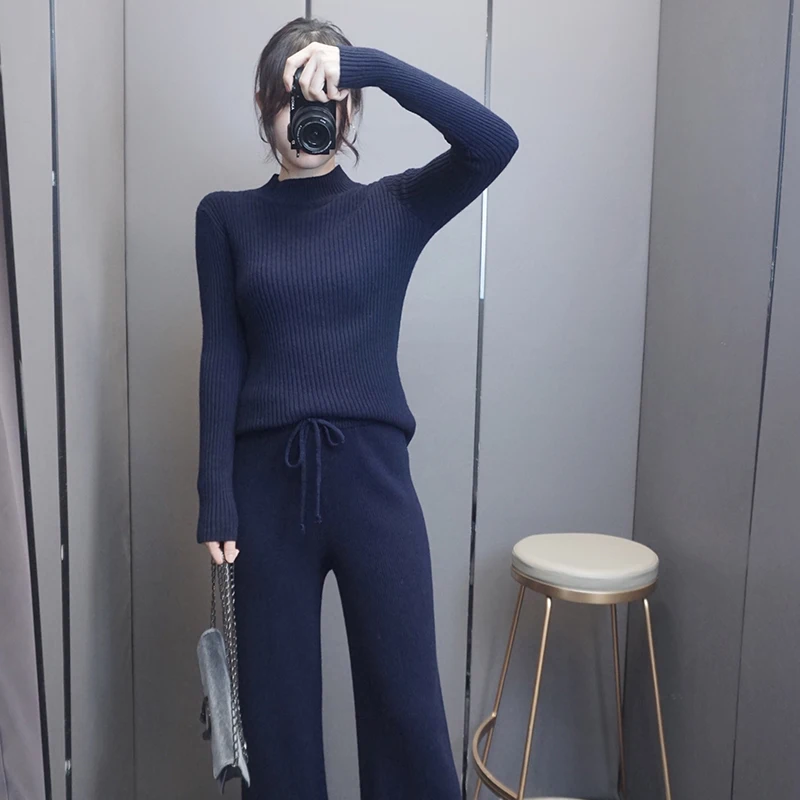 

Warm Cashmere Suit Women Slim Round Neck Striped Sweater Thick And Wide Leg Pants Two 95% 2020 Full Drawstring O-neck Winter