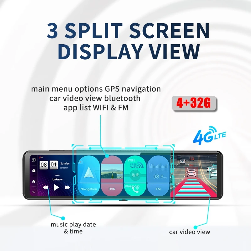 

12 Inch Car Rearview Mirror Auto Recorder 4G Android 8.1 DVR Dash Camera 4GB+32GB Night Vision Mirror 1080P WiFi GPS