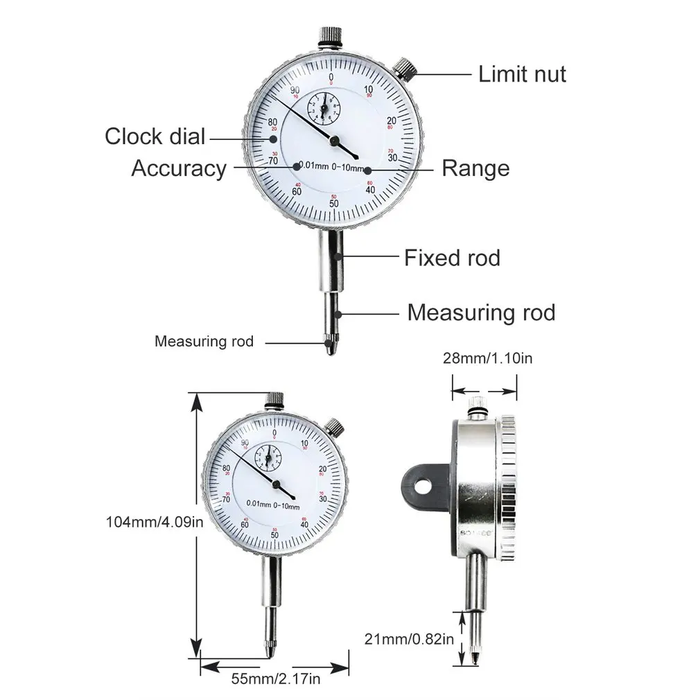 

0-10MM Mechanical Pointer Dial Indicator Gauge Meter Precise 0.01mm Resolution Measure instrument Tool