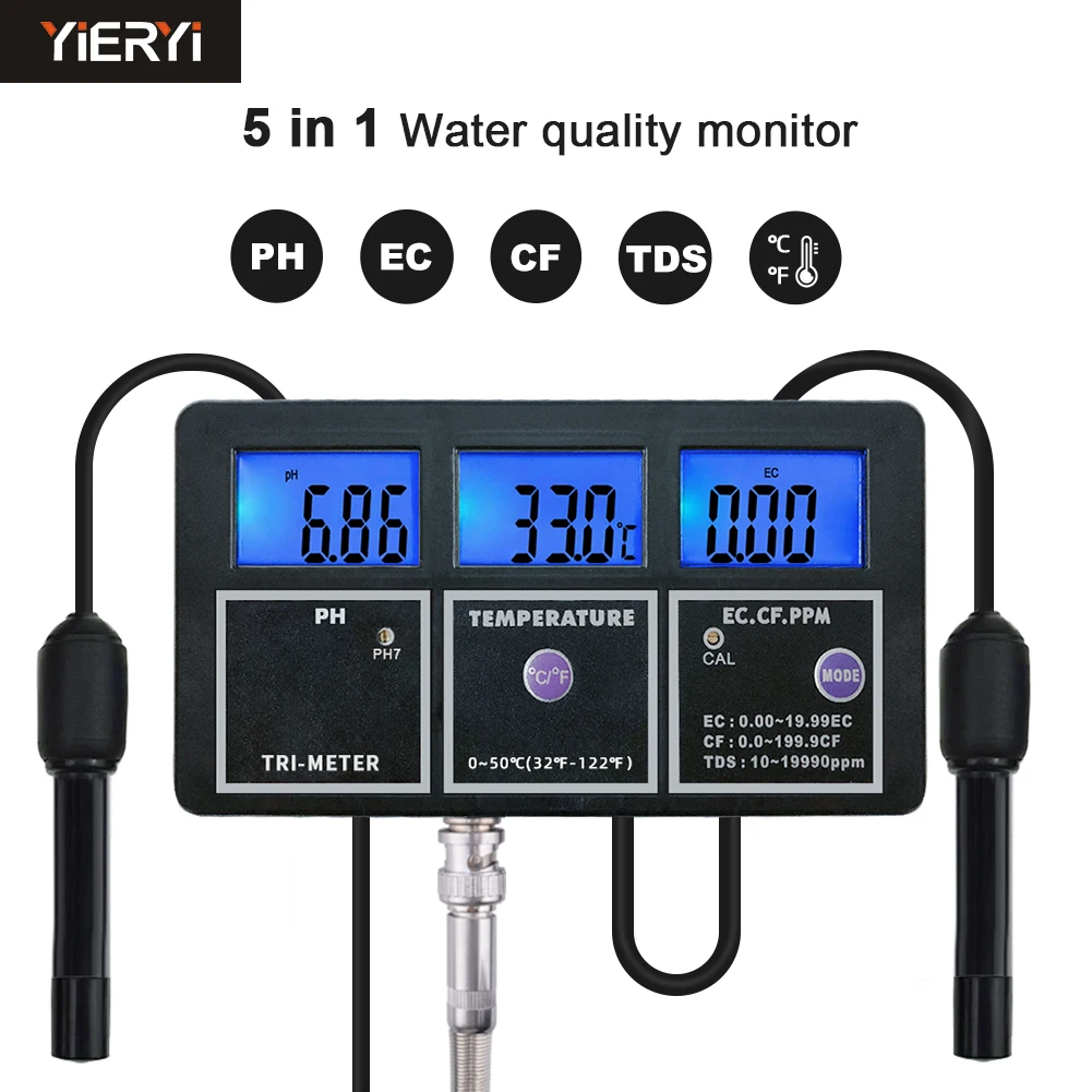 5 in 1 Multi-Parameter Temp TDS EC CF PH Meter Digital Water Quality Purity Tester Rechargeable Device Monitor for Aquarium Pool