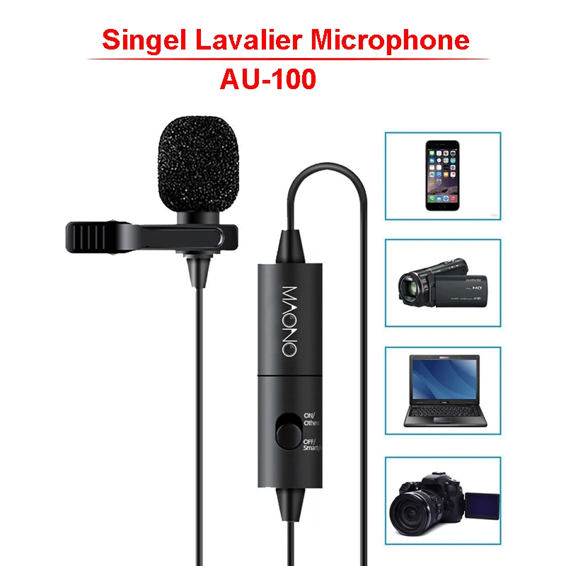 AU-100 Микрофон MAONO Lavalier, 6 м, на клипсе, с воротником, конденсаторный микрофон, громкая связь, с отворотом, микрофон для смартфона Canon DSLR камеры, ПК, ноутбука - Цвет: AU-100