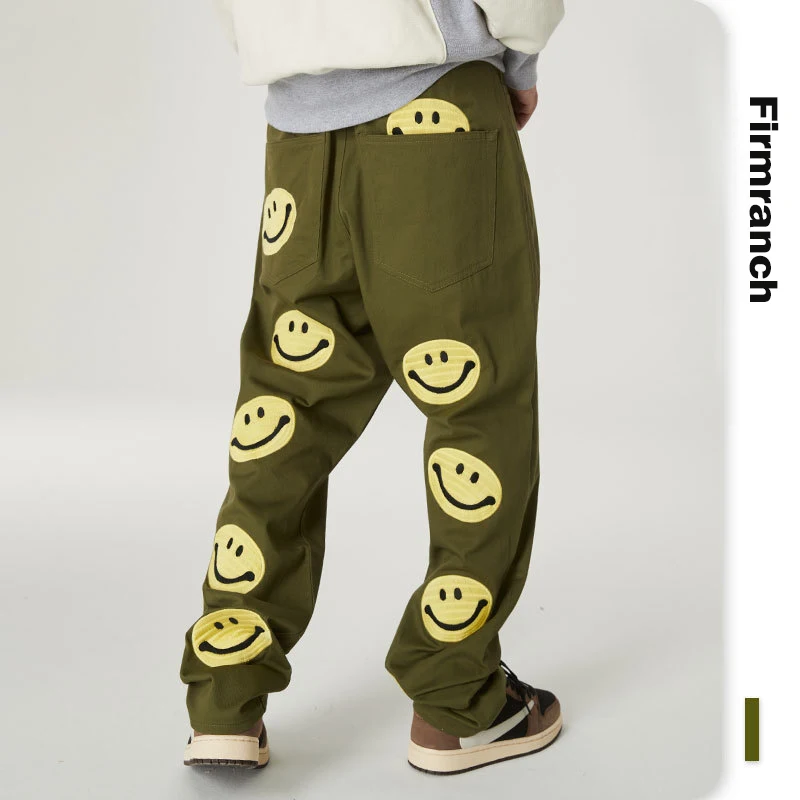 

Firmranch Новый Для мужчин/Для женщин Для мужчин Хай-стрит Ins задняя принт в виде смайлика японский Повседневное брюки свободные длинные брюки д...